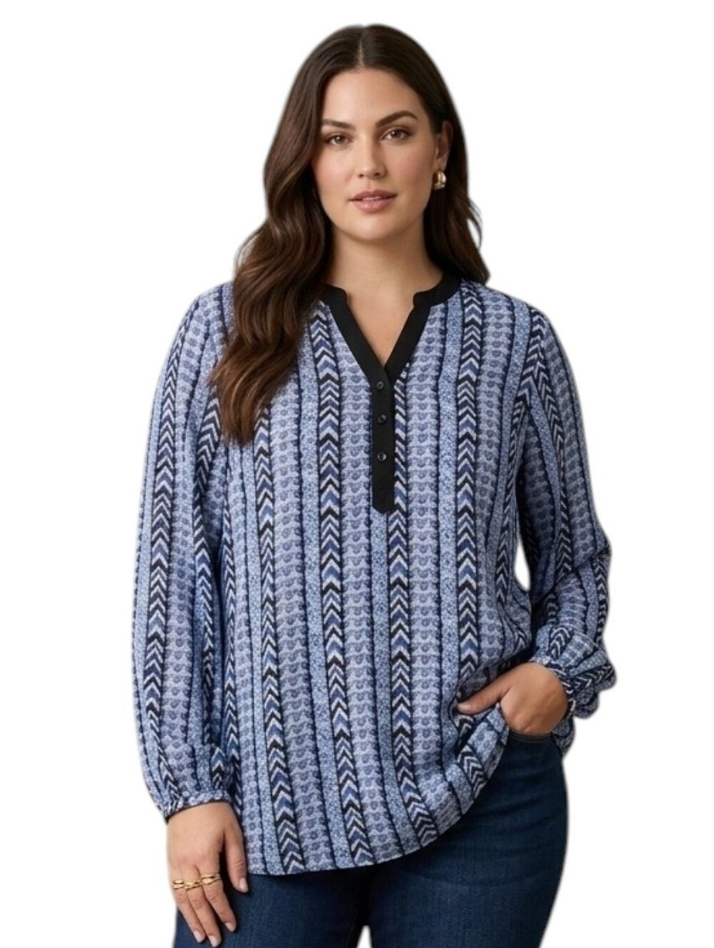 Cato Plus Size Blue Patterned V-Neck Tunic Top - 18/20W